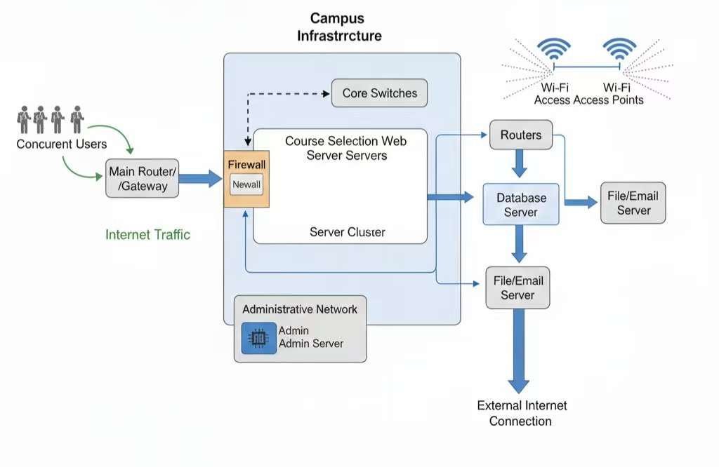 Campus infrastructure with core switches and servers