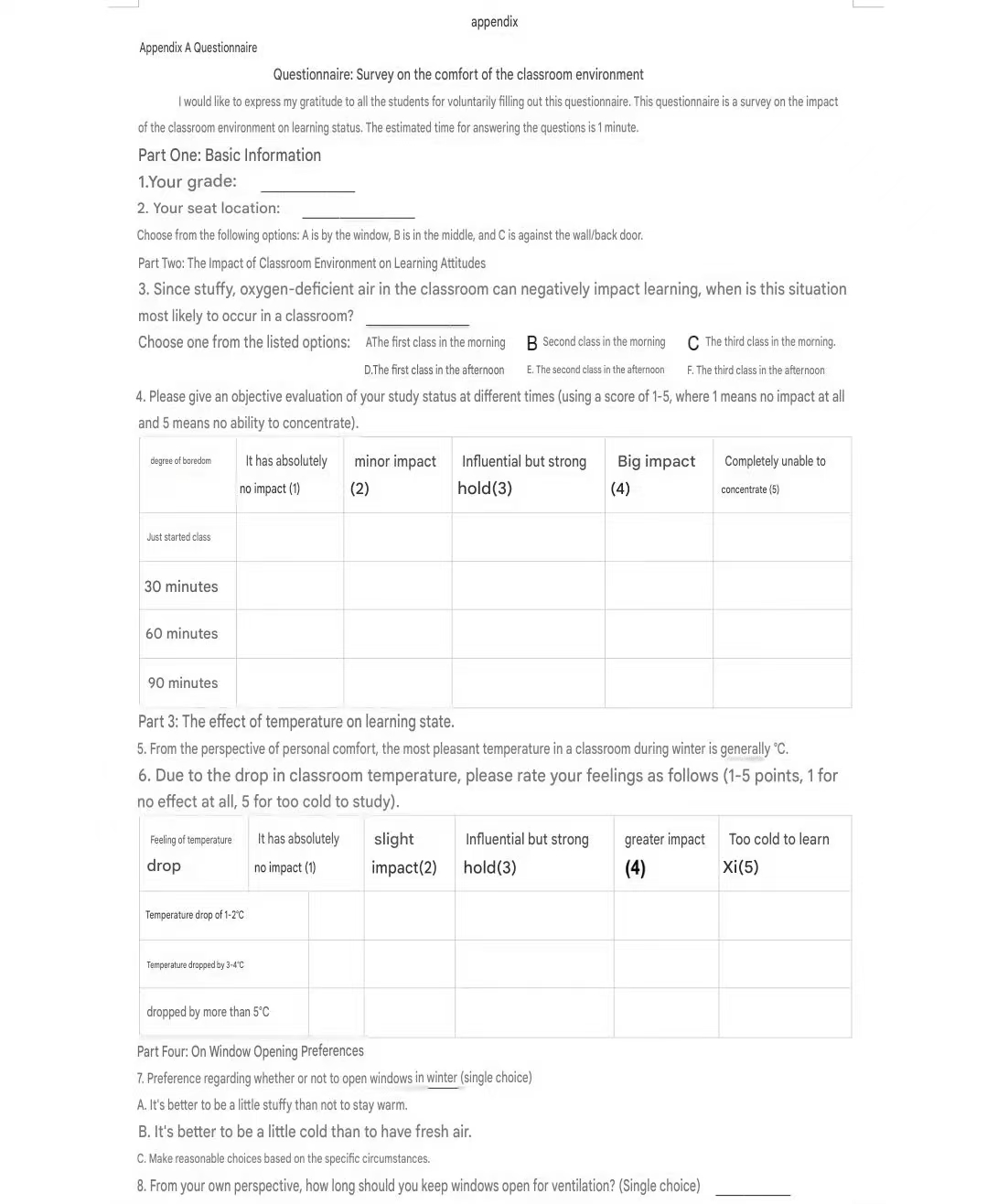 Figure 6: Field questionnaire on classroom environment and subjective comfort distribution
