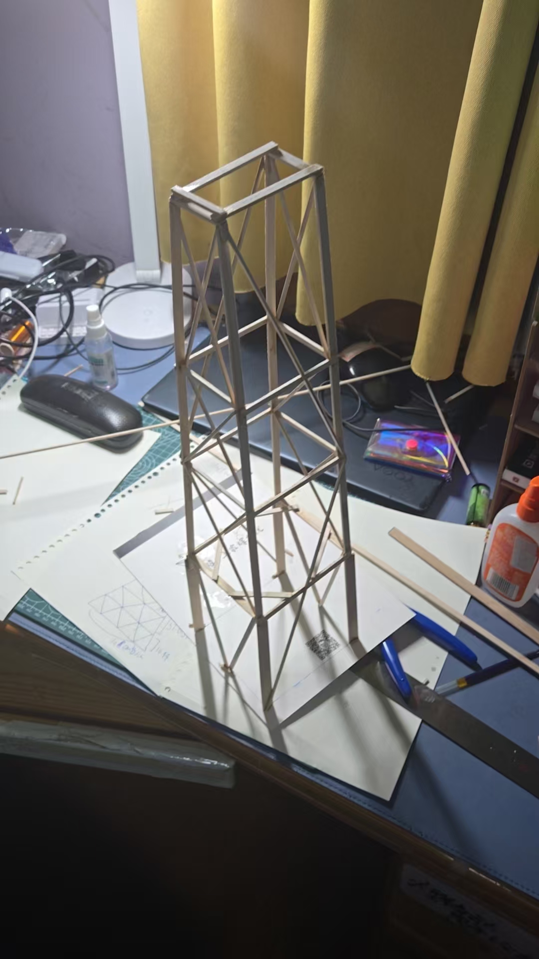 Close-up of the balsa wood structure with triangular bracing